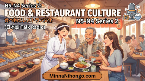N5-N4 Series 2: Food & Restaurant Culture (日本語 Talk Radio) — N5, N4 video, food, izakaya, restaurant, conversation course thumbnail